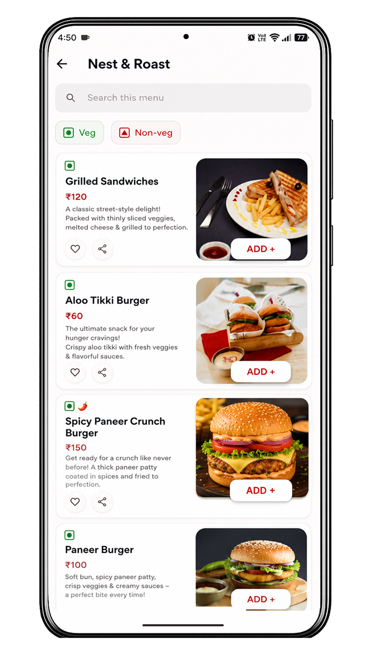 RealEasy restaurant menu screen