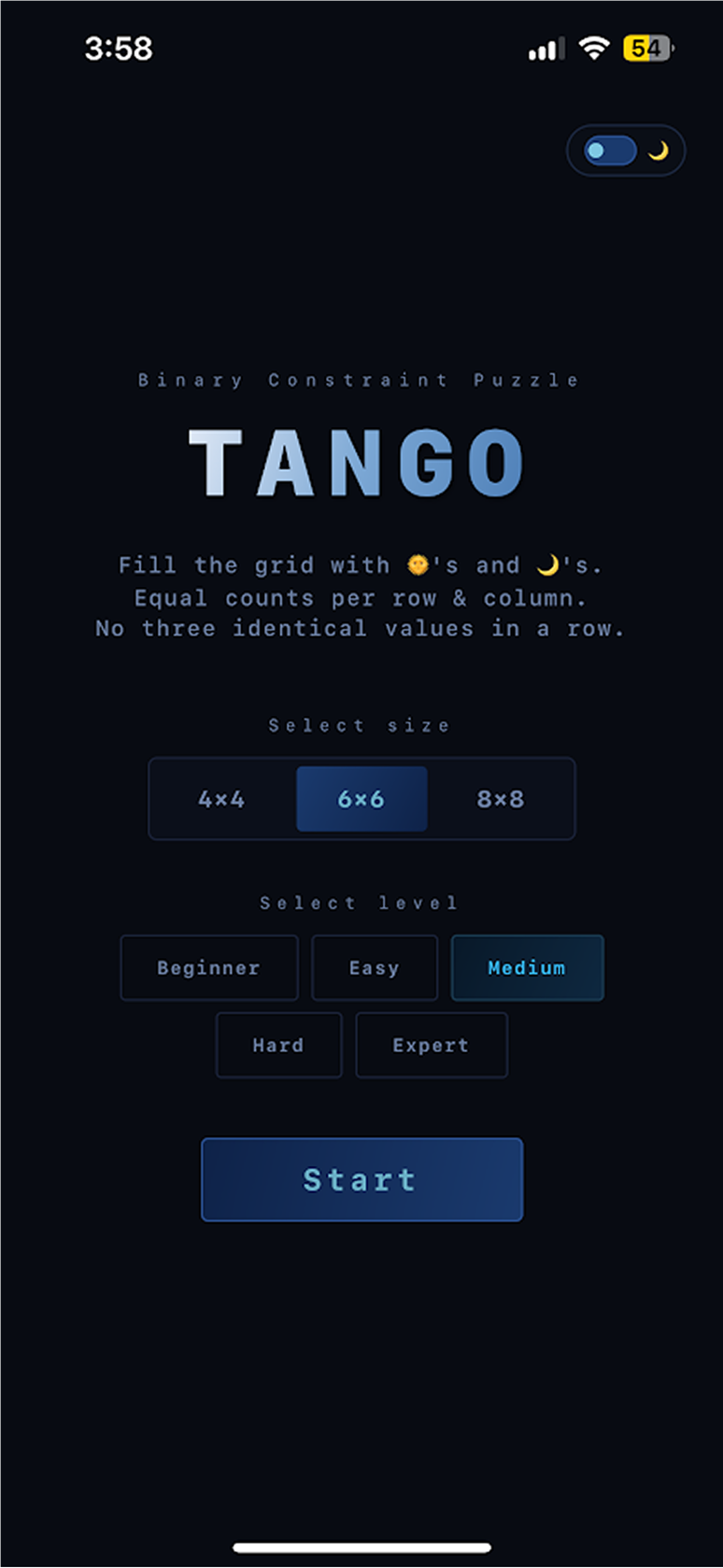Tango level and difficulty selection screen