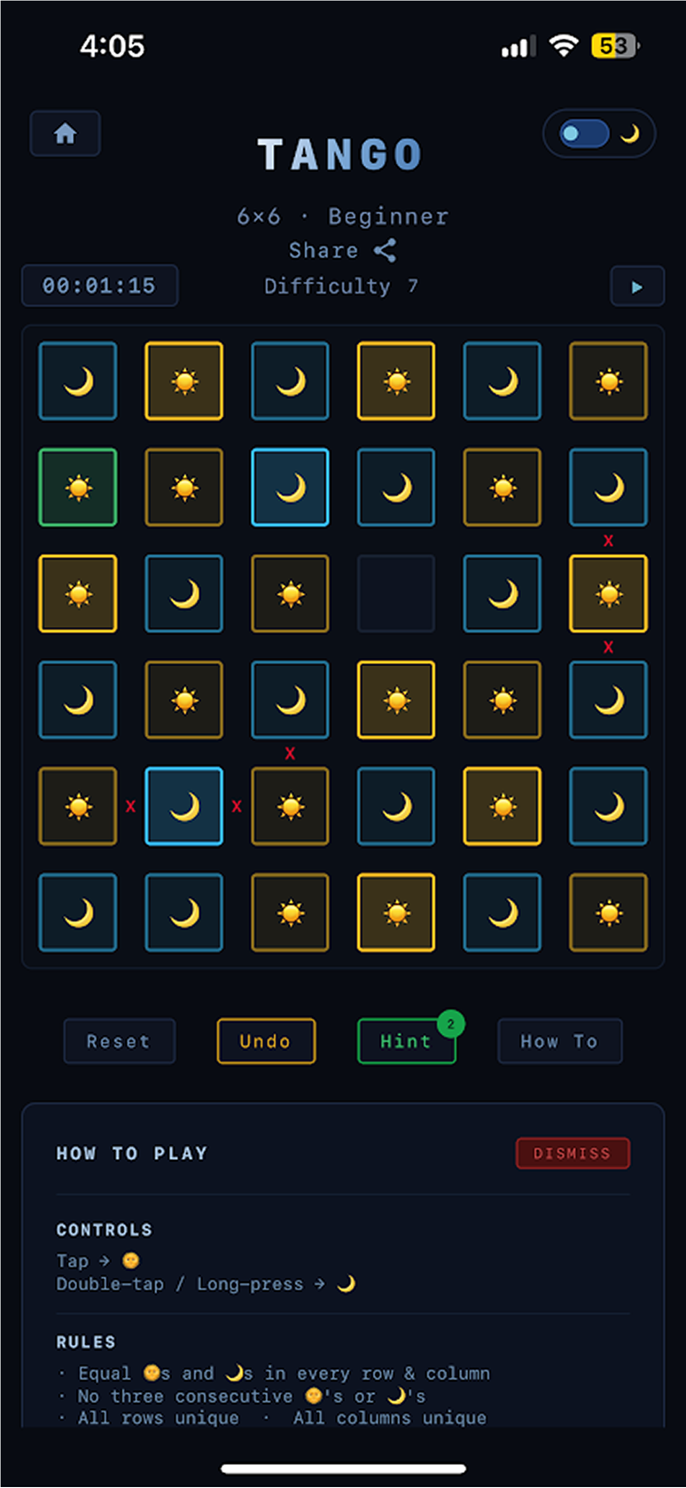 Tango sun and moon puzzle board