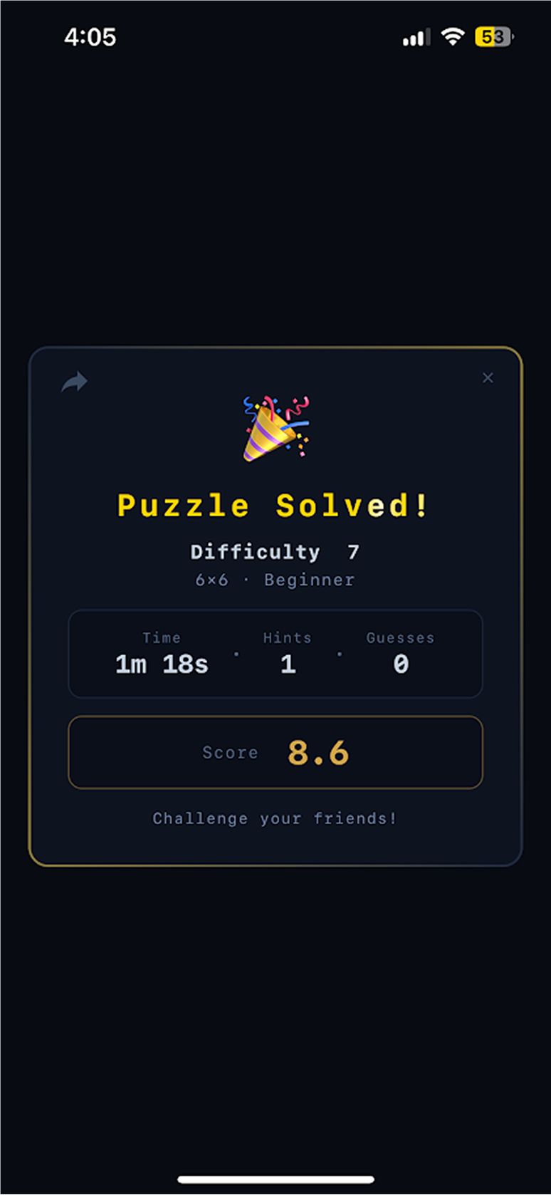 Tango puzzle solved score screen